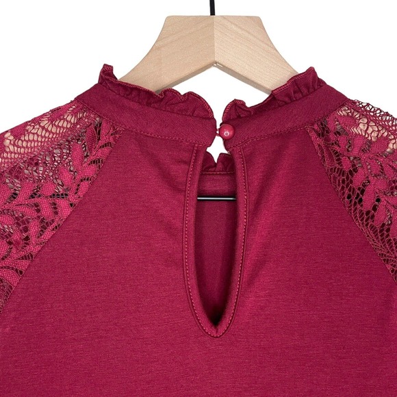 EXLURA Women’s Lace Sleeve Mini Dress Ruffle High Neck Dress Flowy Wedding Guest - Picture 7 of 13